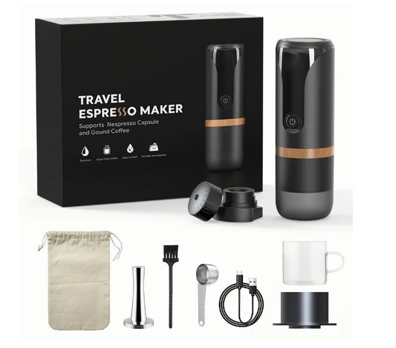 Portable Espresso Machine 9 Bar Pressure Rechargeable 2 in 1 Small Travel Coffee Maker Compatible with Nespresso Capsules Ground Coffee Perfect for Travel Camping Hiking Office Kitchen Black