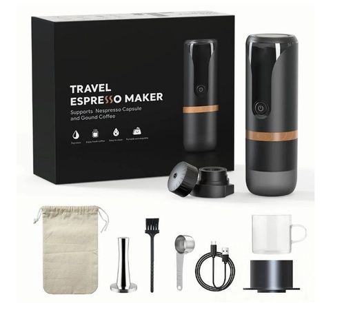 Portable Espresso Machine 9 Bar Pressure Rechargeable 2 in 1 Small Travel Coffee Maker Compatible with Nespresso Capsules Ground Coffee Perfect for Travel Camping Hiking Office Kitchen Black